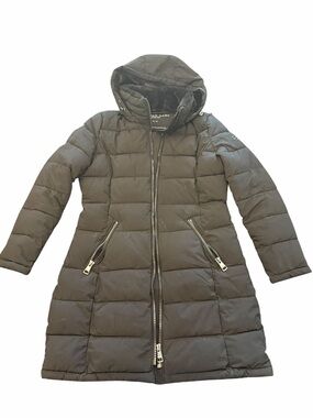 Andrew Marc Stretch Puffer Coat Women's Medium Black Long Hooded Faux Fur Cozy